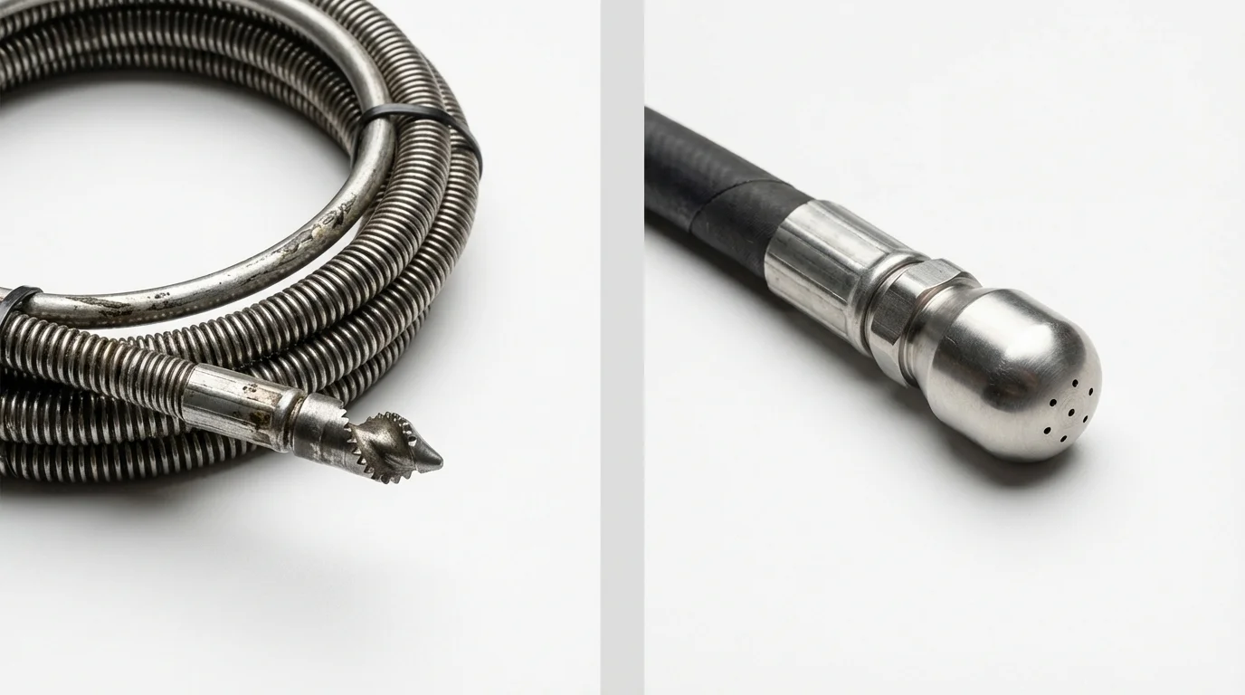Drain snake cable and hydro jetting nozzle used for drain cleaning in Rupert, ID