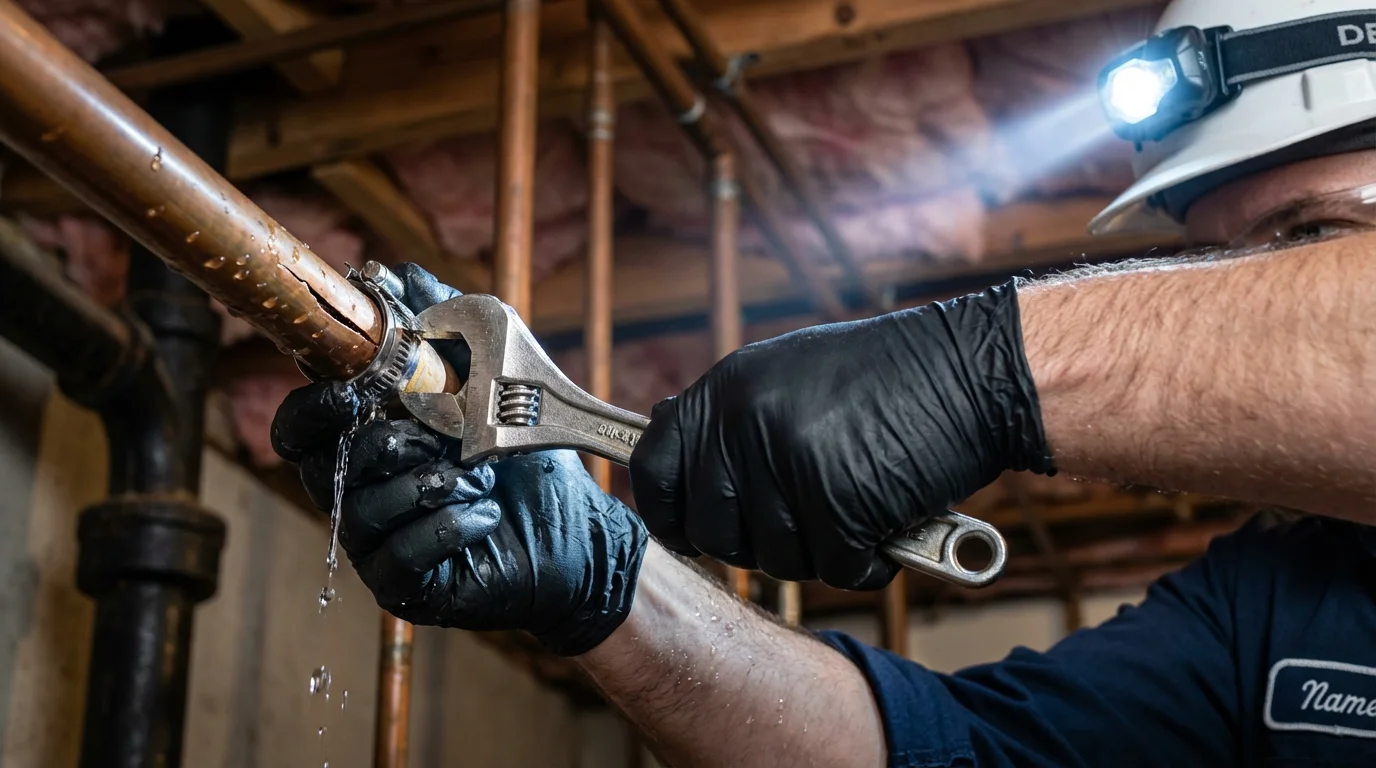 Emergency pipe clamp repair being performed by a Johns Plumbing LLC plumber in Rupert