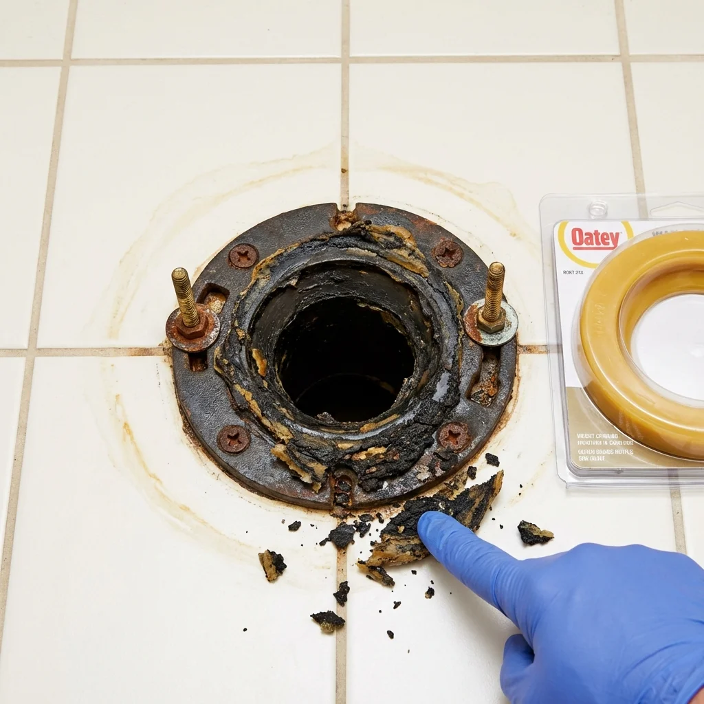 Failed wax ring showing water seepage at the base of a toilet in a Rupert, ID home