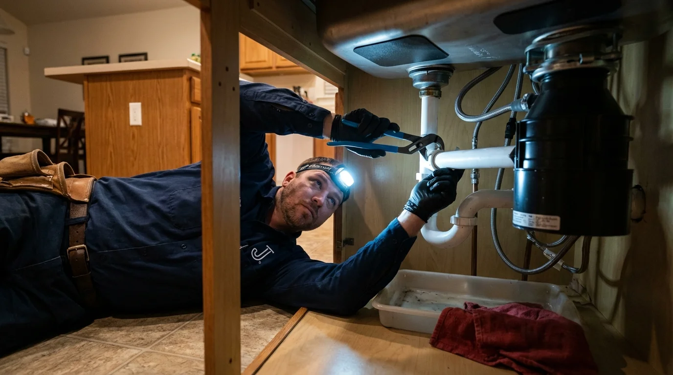 P-trap and supply line connections under a kitchen sink showing a common leak point in Rupert, ID